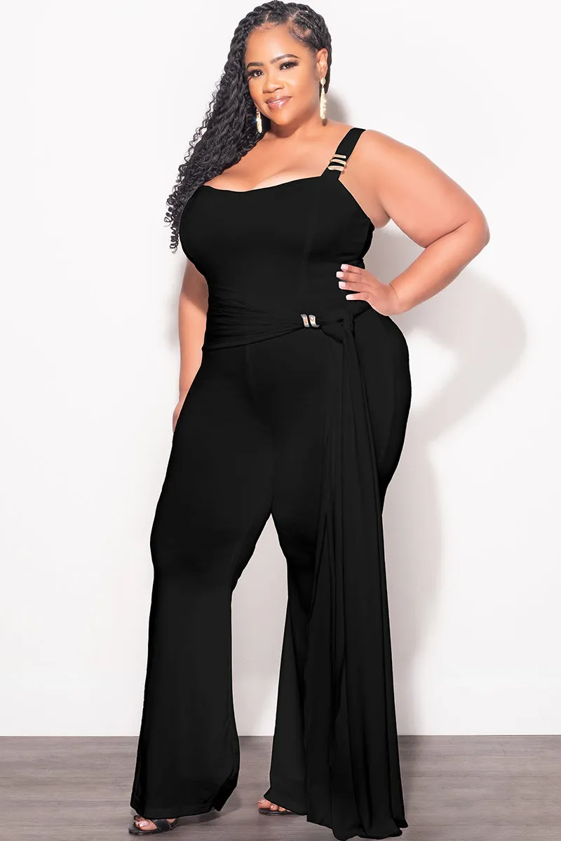 Twill Weave Texture Quick Adjust Fit Final Sale Plus Size Jumpsuit with Gold Detail and a Sash in Black