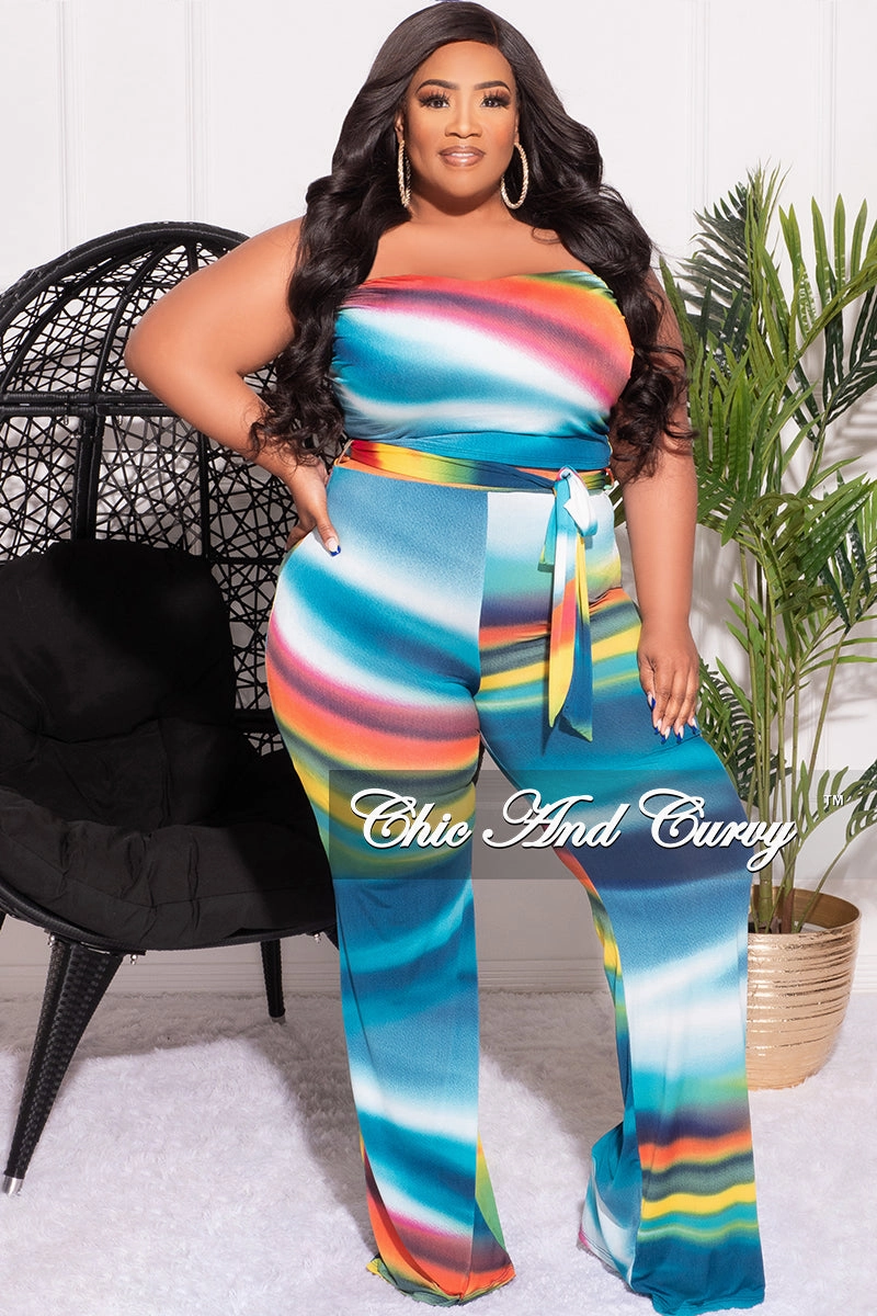 ReflectiveTrim Minimalist Look Final Sale Plus Size 2pc Set Tube Top and Belted Pants in Multi-Color Print