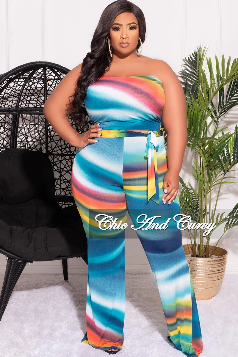Final Sale Plus Size 2pc Set Tube Top and Belted Pants in Multi-Color Print Travel Friendly