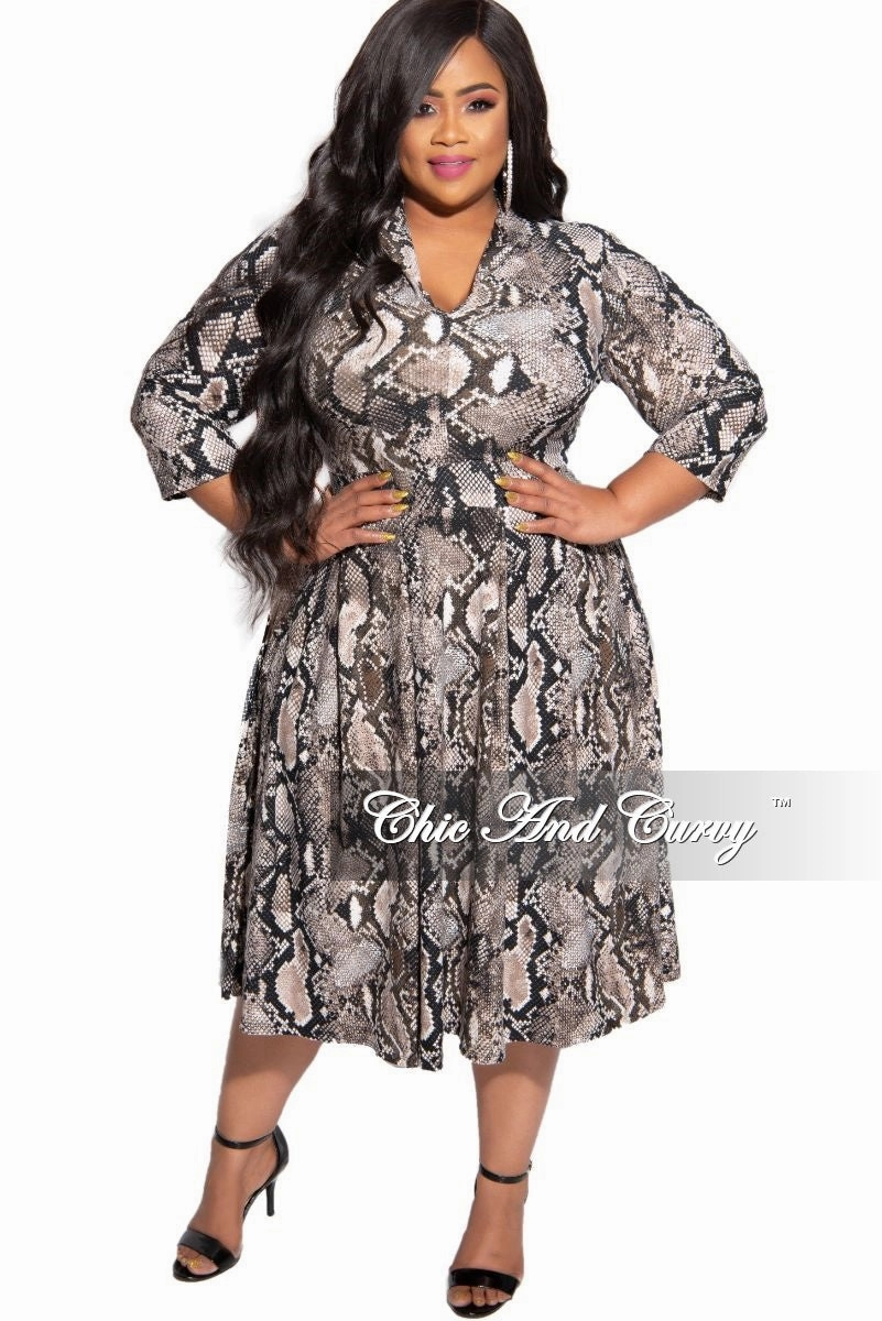 Final Sale Plus Size Collared 3/4 Sleeves Flare Dress in Brown and Black Snake Print Reinforced Stress Points