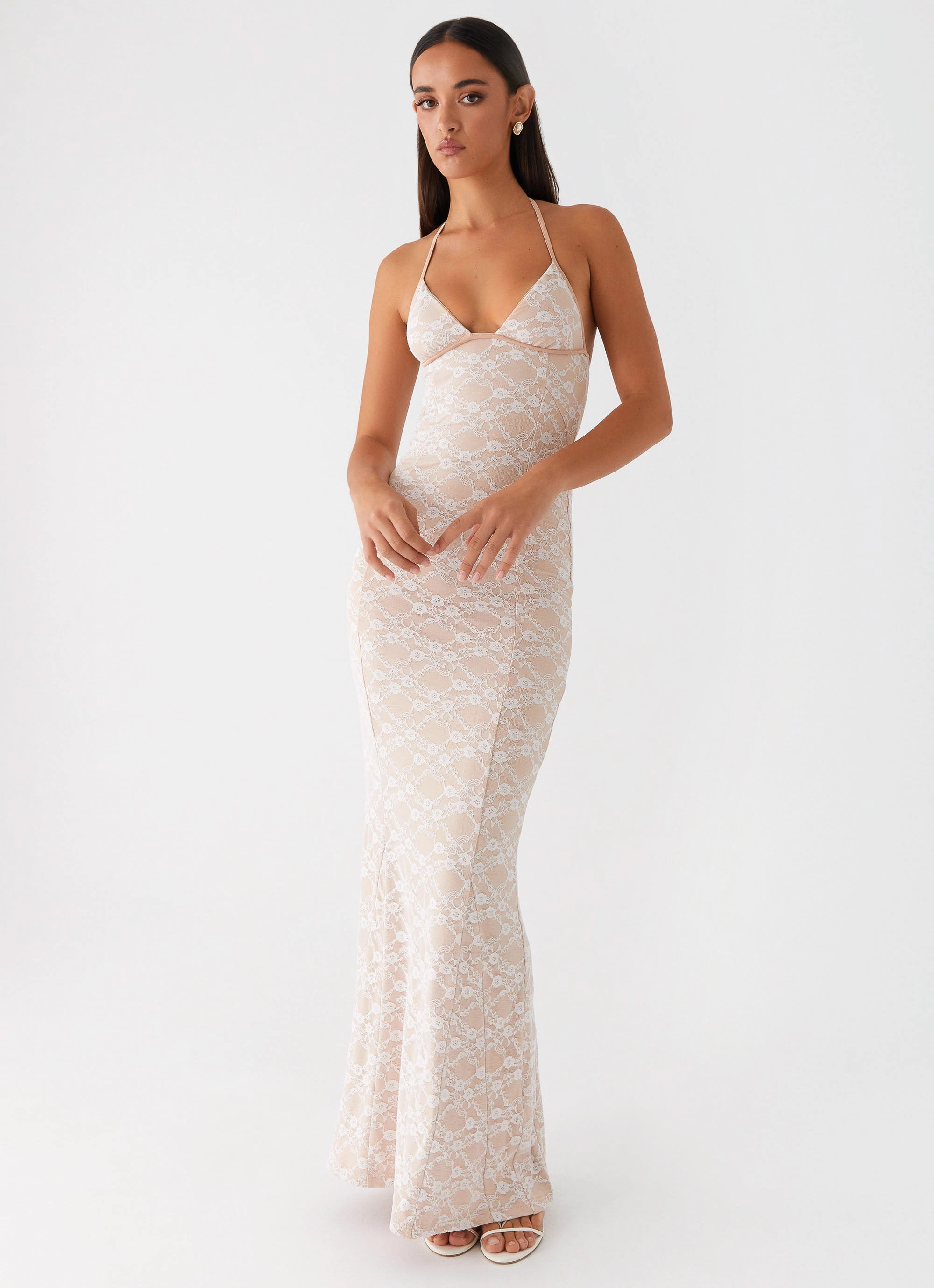 V Neckline Jolina Lace Maxi Dress - White