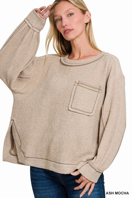Nancy Brushed Hacci Hi-low Round Neck Sweater S-XL Self Cleaning Coating
