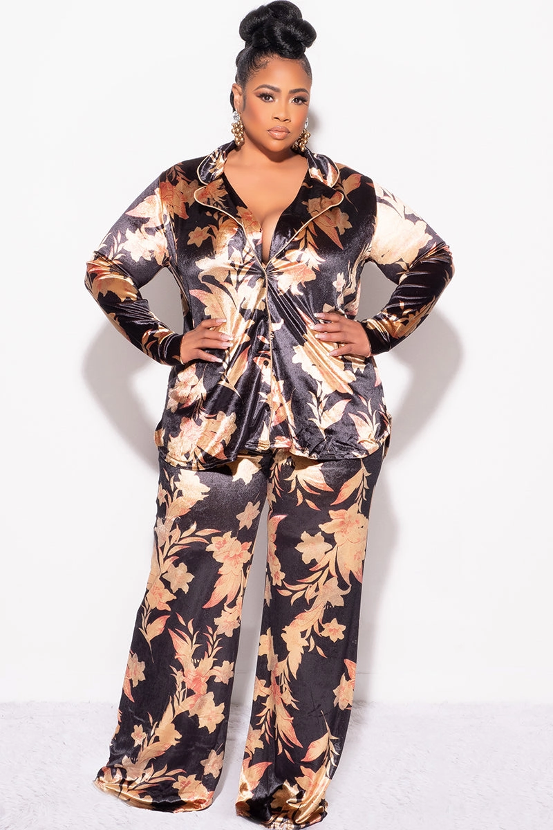 Final Sale Plus Size 2pc Silky Velvet Lounge Set in Black Floral Print Lightweight Flex Casual Vibe