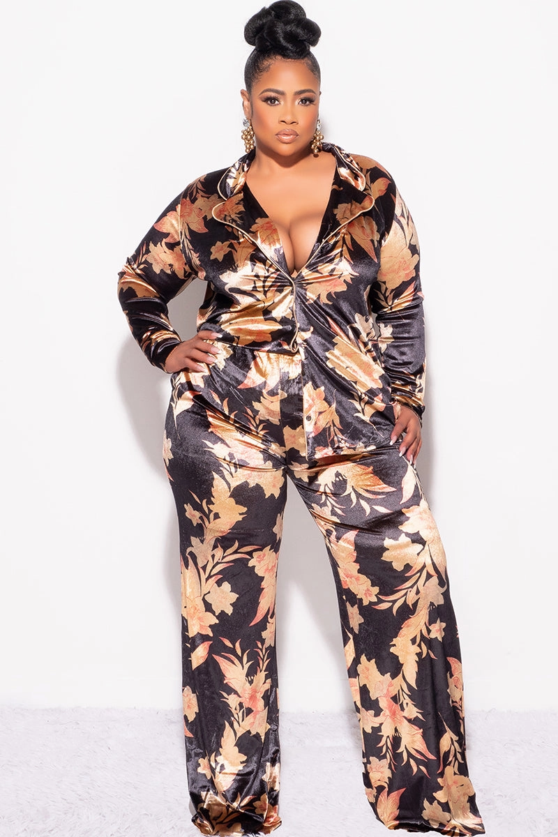 HeatRegulating Final Sale Plus Size 2pc Silky Velvet Lounge Set in Black Floral Print