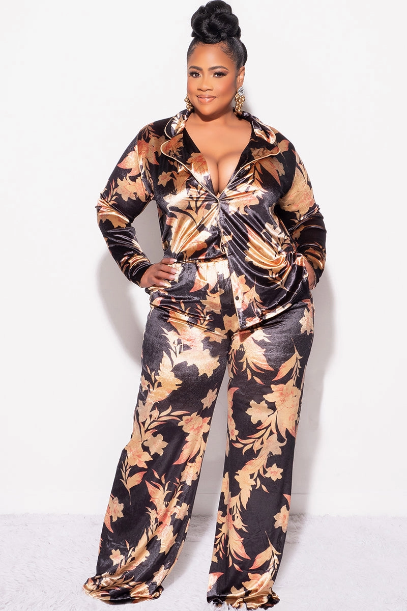 Final Sale Plus Size 2pc Silky Velvet Lounge Set in Black Floral Print Stretchable All Occasion