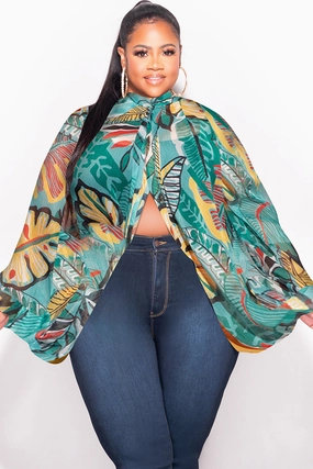 Tangle Free Cuffs Flattering Comfort Wear Final Sale Plus Size Sheer Balloon Sleeve Crop Top in Teal Multi Color Leaf Print