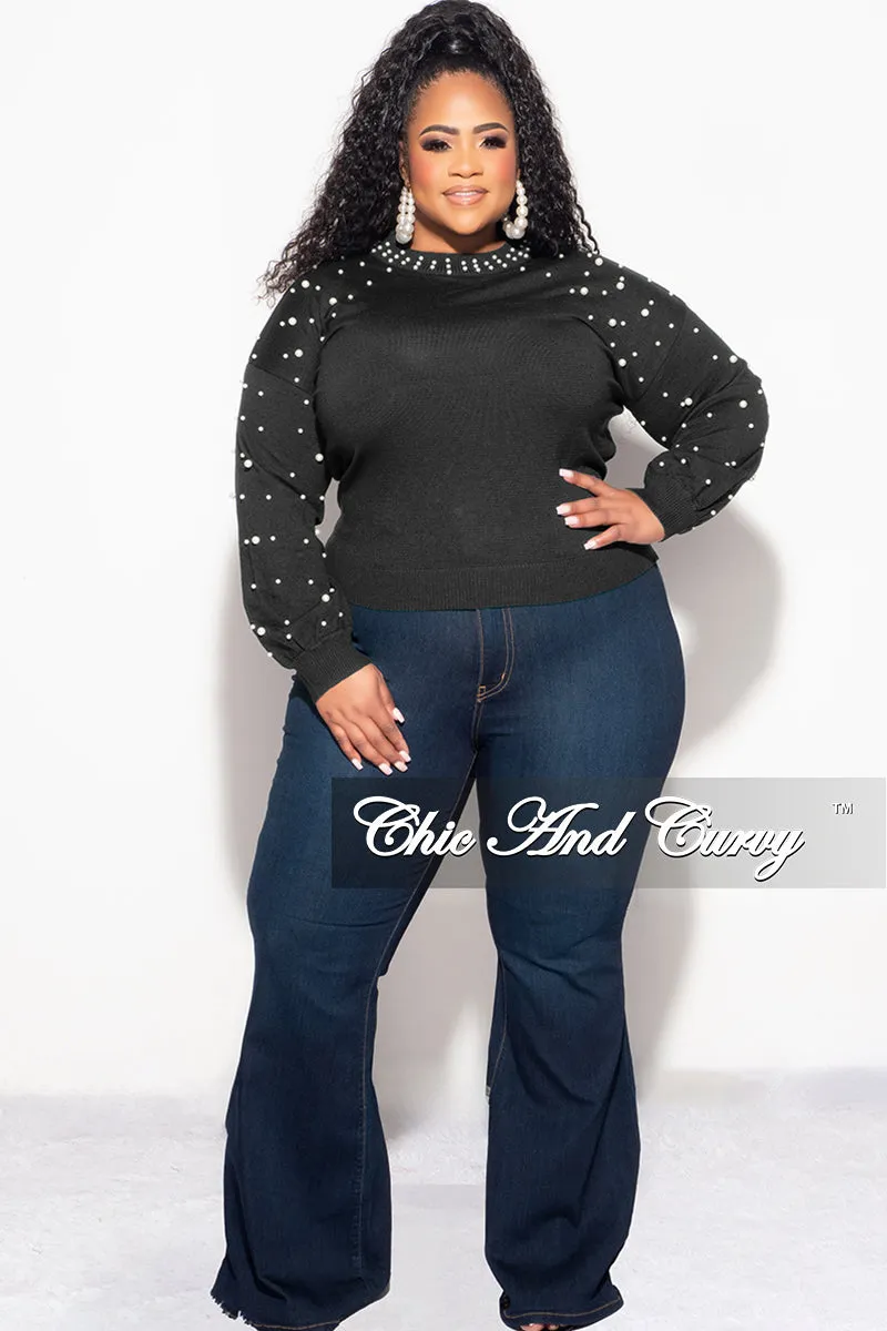 Flexible Durability ExpandableSidePanels Final Sale Plus Size Black Sweater with Pearl Detailed Sleeves