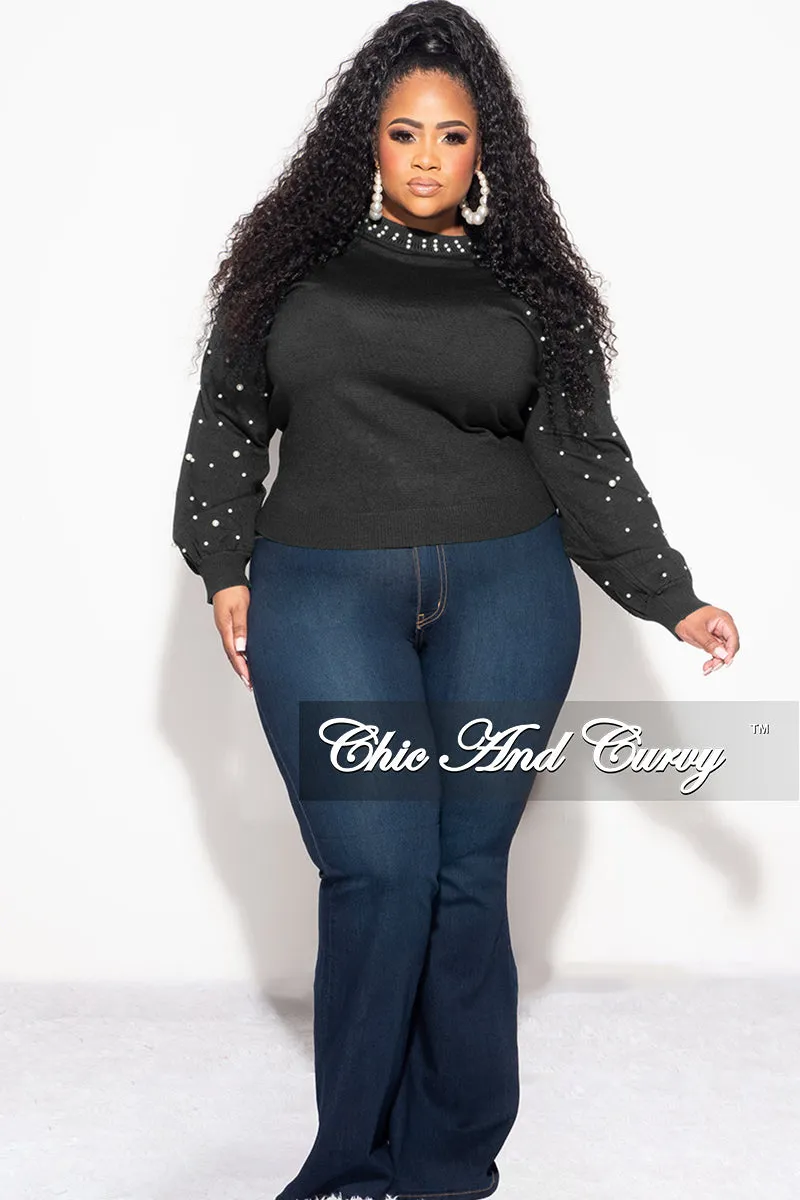 Final Sale Plus Size Black Sweater with Pearl Detailed Sleeves Sporty Comfort ReinforcedSeams