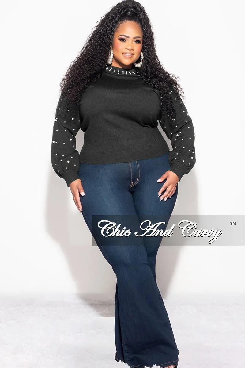 Eco Friendly Fabric Performance Stretch Final Sale Plus Size Black Sweater with Pearl Detailed Sleeves