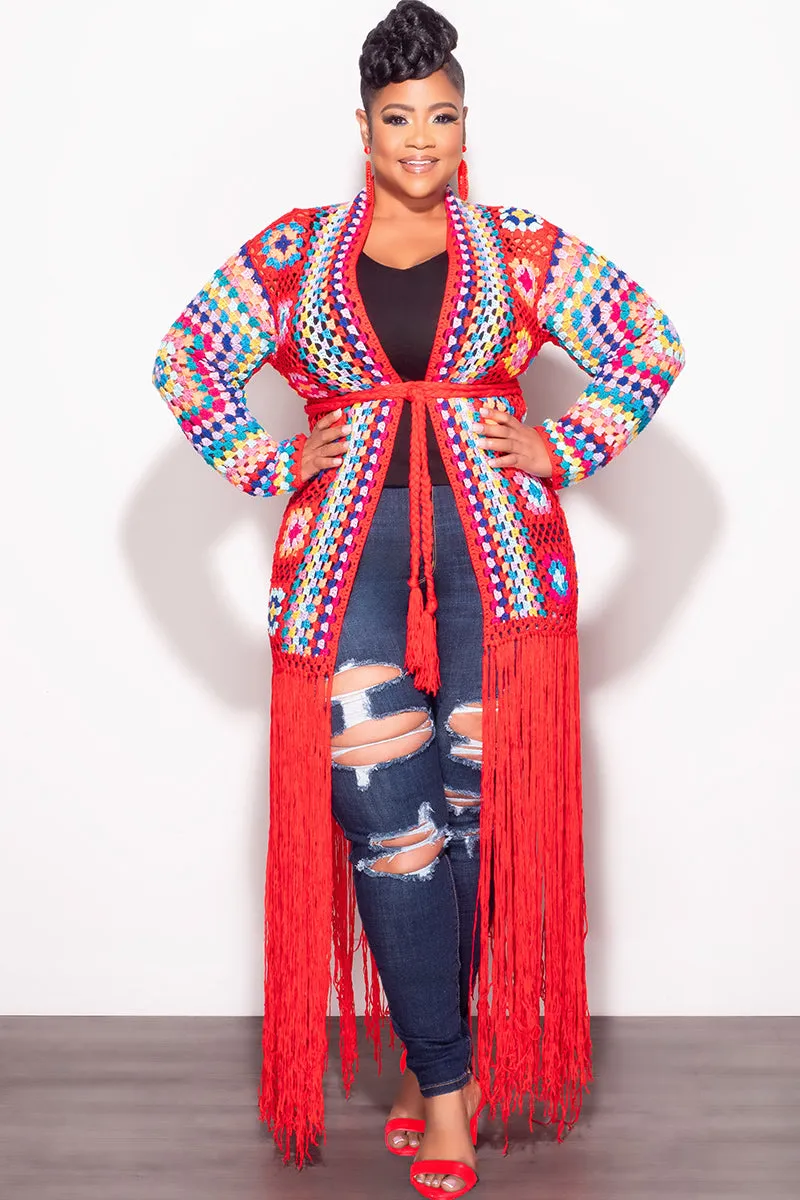 Final Sale Plus Size Crochet Cardigan with Bottom Fringe in Red Cool Weather