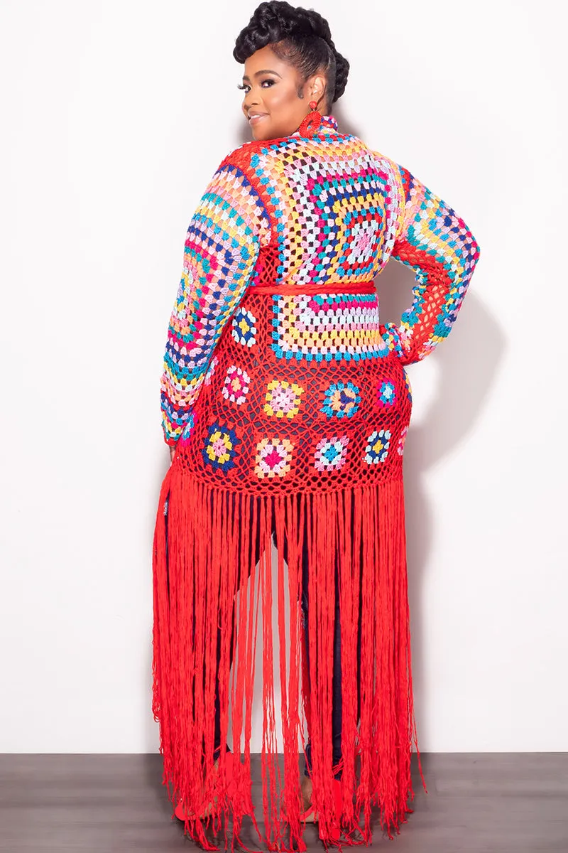 Final Sale Plus Size Crochet Cardigan with Bottom Fringe in Red Layering Piece Soft and Cozy
