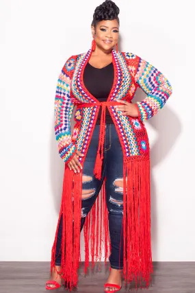 Final Sale Plus Size Crochet Cardigan with Bottom Fringe in Red Versatile Fashion Tailored Fit