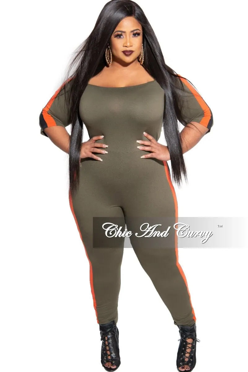 Streetwear vibe Final Sale Plus Size Off the Shoulder Jumpsuit in Olive with Burnt Orange and Black Trim