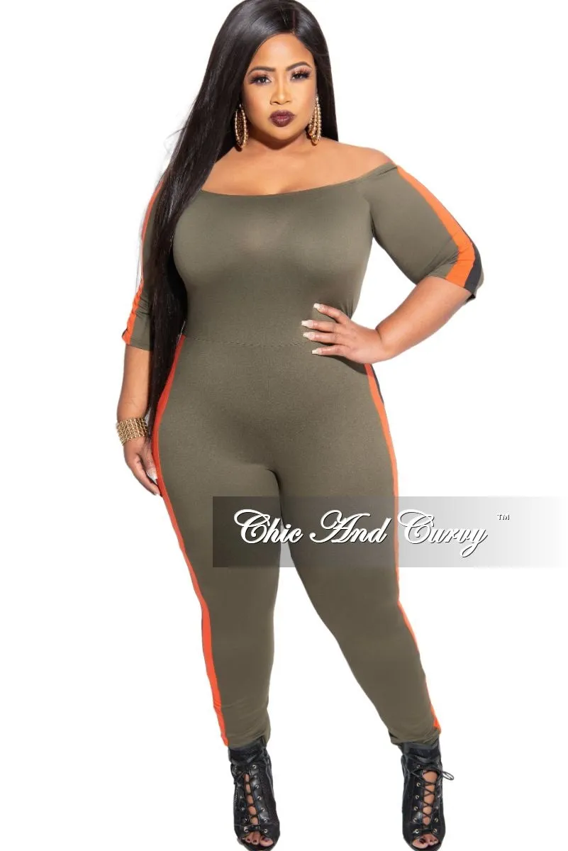 All Day Comfort Final Sale Plus Size Off the Shoulder Jumpsuit in Olive with Burnt Orange and Black Trim
