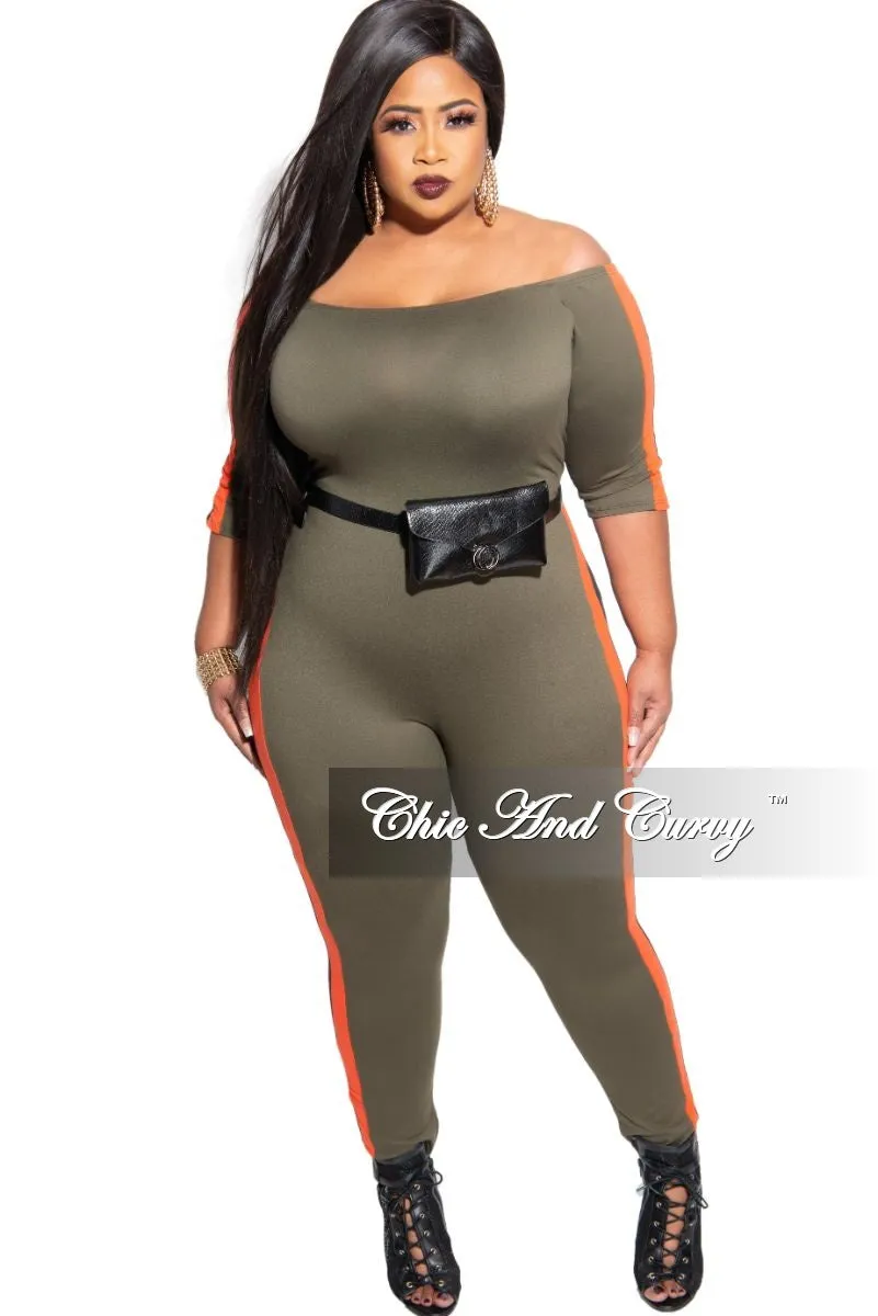 Final Sale Plus Size Off the Shoulder Jumpsuit in Olive with Burnt Orange and Black Trim Quick Access Pockets