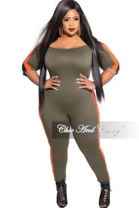 Final Sale Plus Size Off the Shoulder Jumpsuit in Olive with Burnt Orange and Black Trim FadeResistantTreatment Minimalist Design