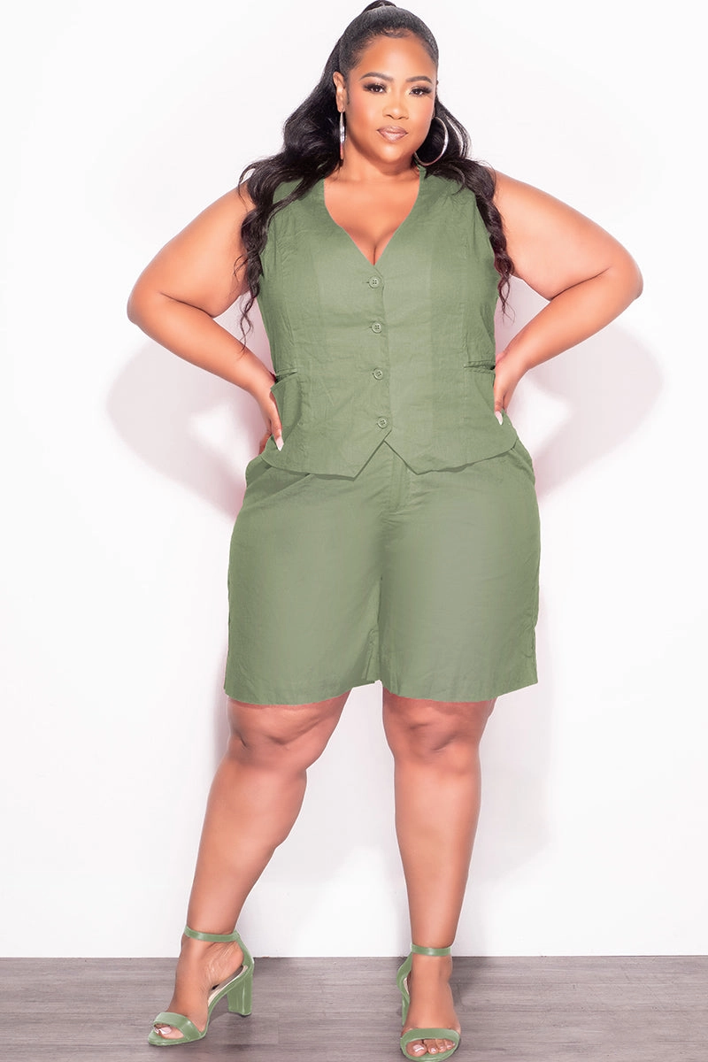 Soft and Light Bi Stretch Fabric Final Sale Plus Size 2pc Sleeveless Linen Blazer Vest Short Set in Olive