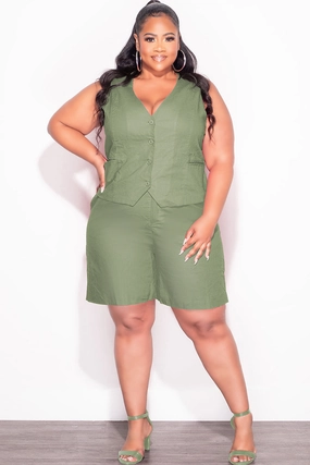 Comfy Shape ReinforcedPockets Final Sale Plus Size 2pc Sleeveless Linen Blazer Vest Short Set in Olive