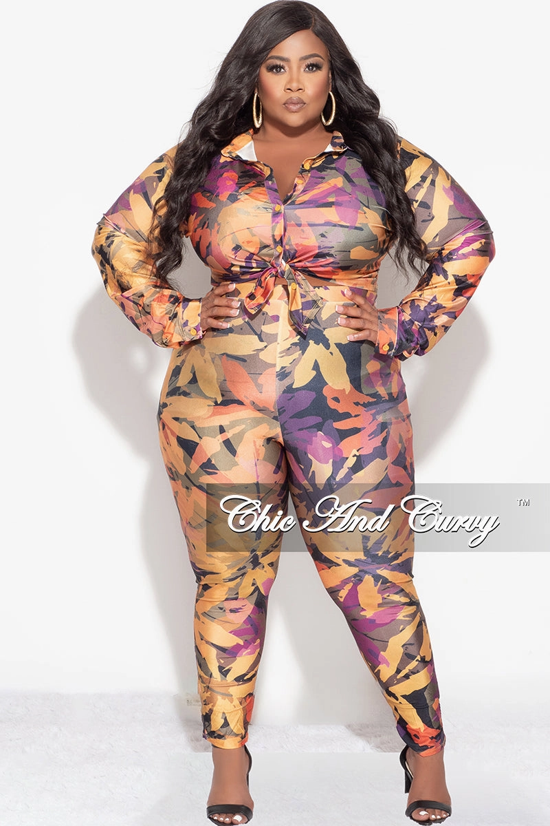 Soft Performance Quick Access Pockets Final Sale Plus Size 2pc Button Up Collar Top and Pants Set in Mustard Multi Color Design Print