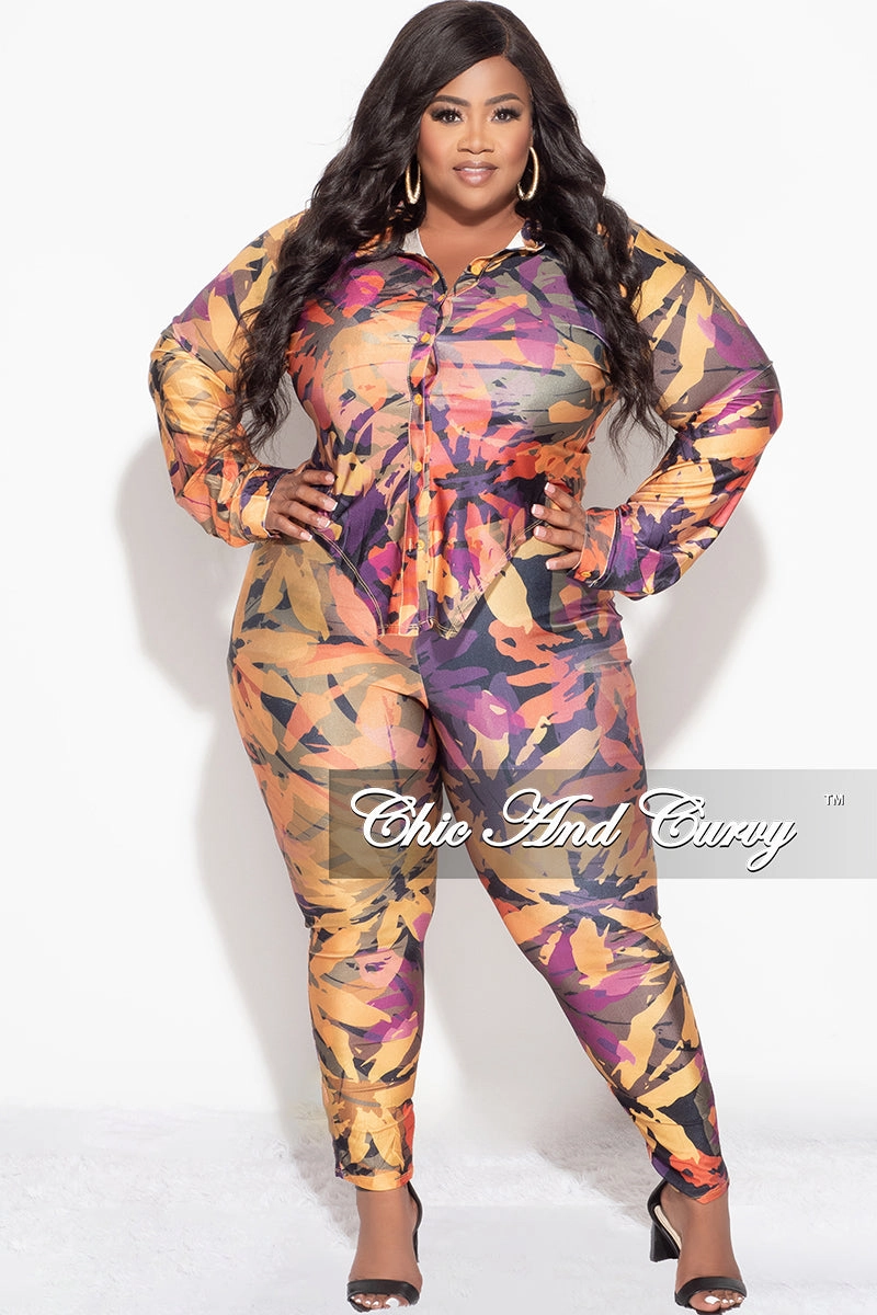 Final Sale Plus Size 2pc Button Up Collar Top and Pants Set in Mustard Multi Color Design Print wrinkle free