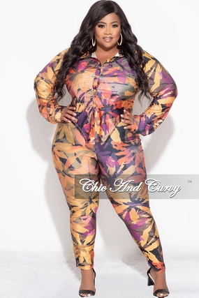 Final Sale Plus Size 2pc Button Up Collar Top and Pants Set in Mustard Multi Color Design Print wrinkle free