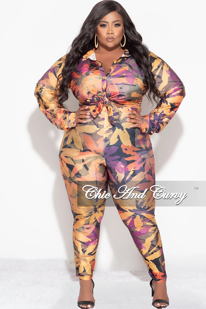 Final Sale Plus Size 2pc Button Up Collar Top and Pants Set in Mustard Multi Color Design Print Stretchable Waist