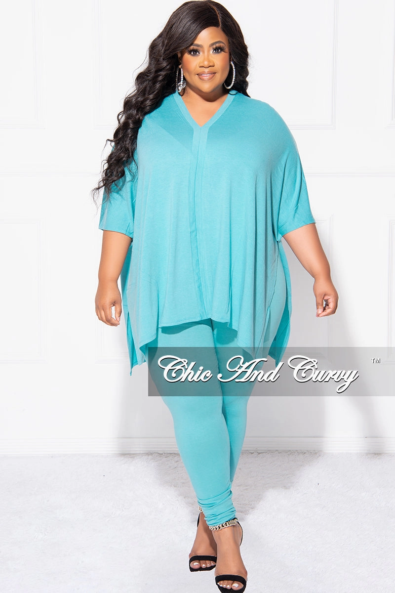 Final Sale Plus Size 2pc V Neck Tunic Top and Matching Legging Set in Mint Blue Breathable Base Breathable Comfort