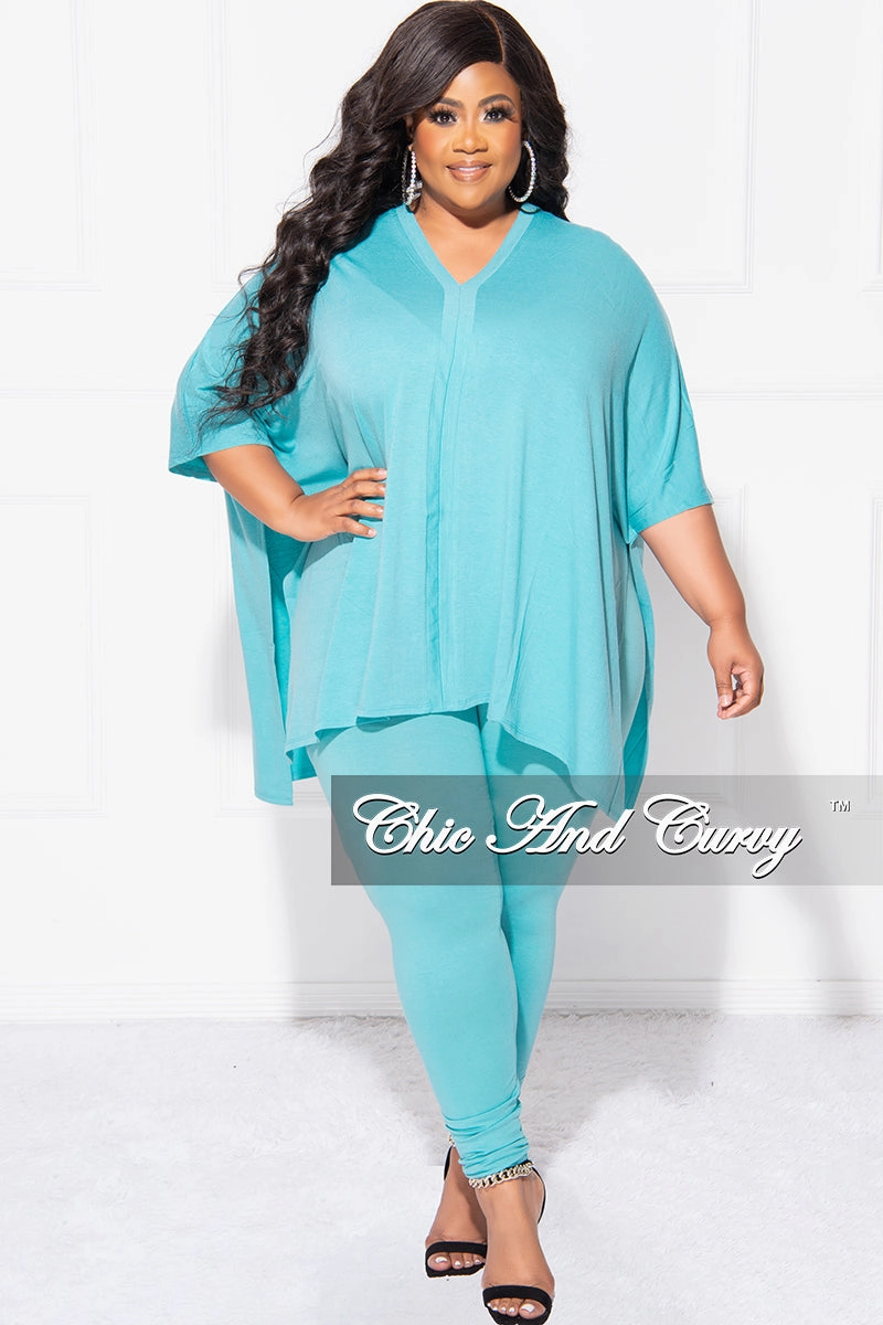 Final Sale Plus Size 2pc V Neck Tunic Top and Matching Legging Set in Mint Blue Wrinklefree Soft Wear