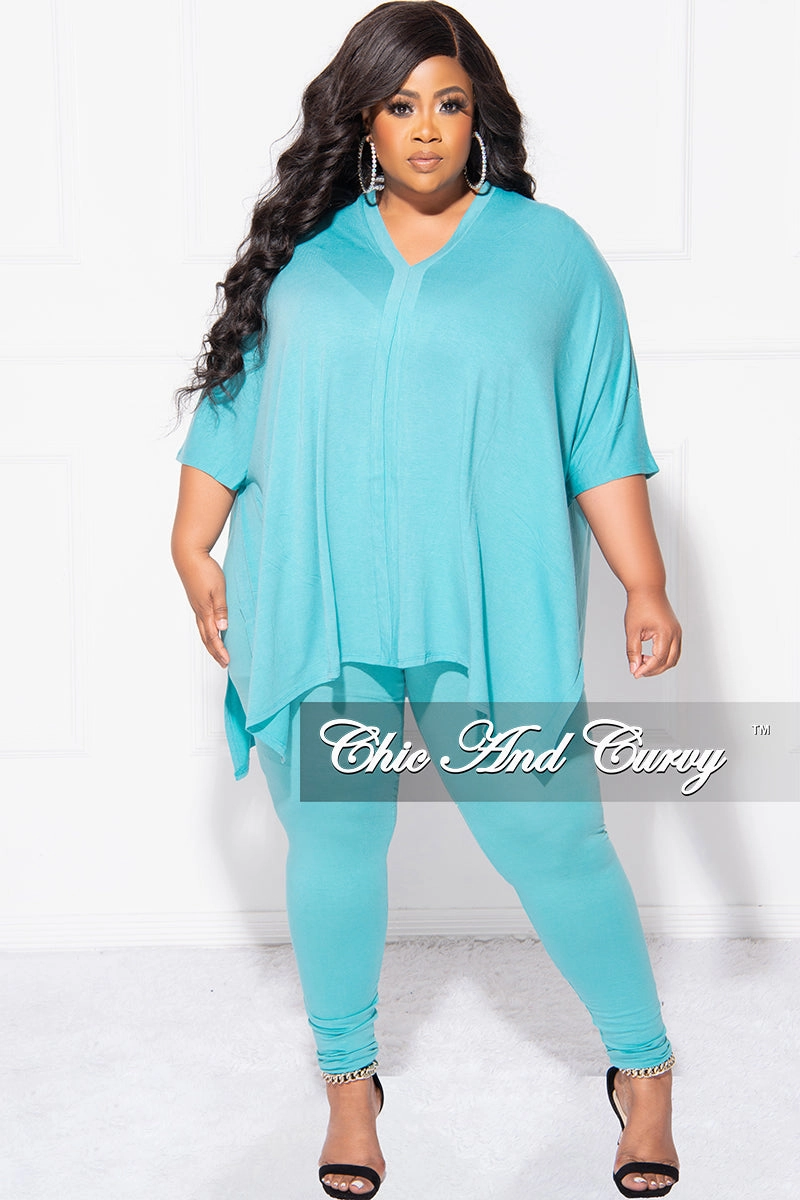 Comfy Fit Clean Lines Final Sale Plus Size 2pc V Neck Tunic Top and Matching Legging Set in Mint Blue