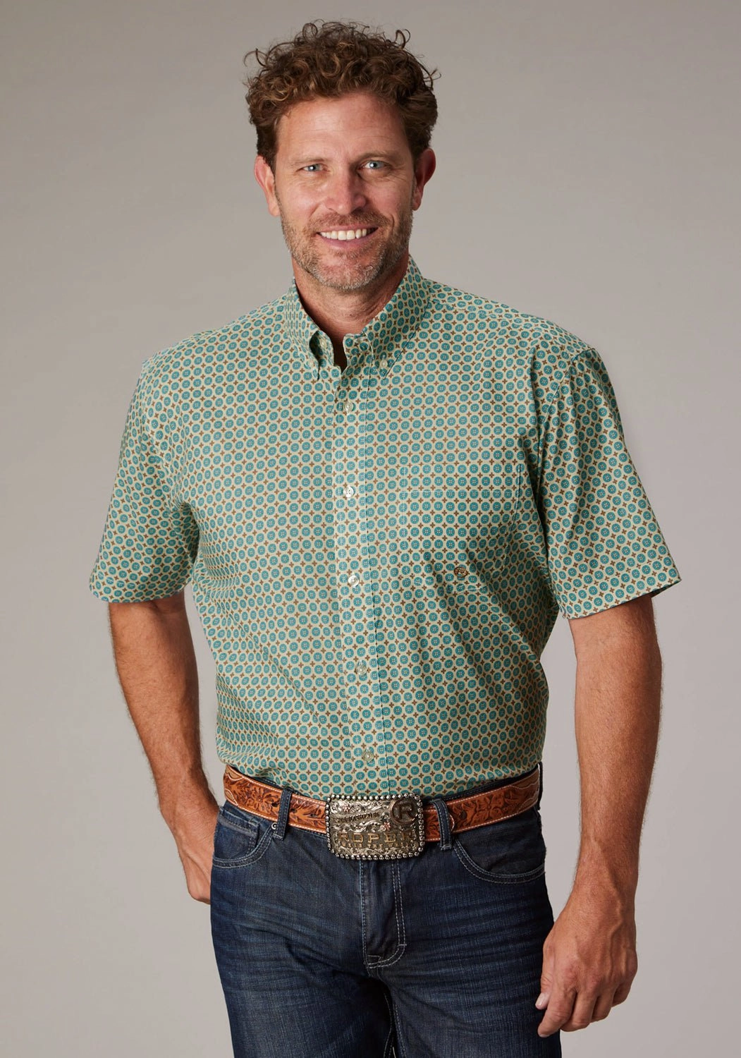 Roper Mens Sedona Foulard Turquoise 100% Cotton 1 Pkt S/S Shirt Road Trip Ready Bold Statement