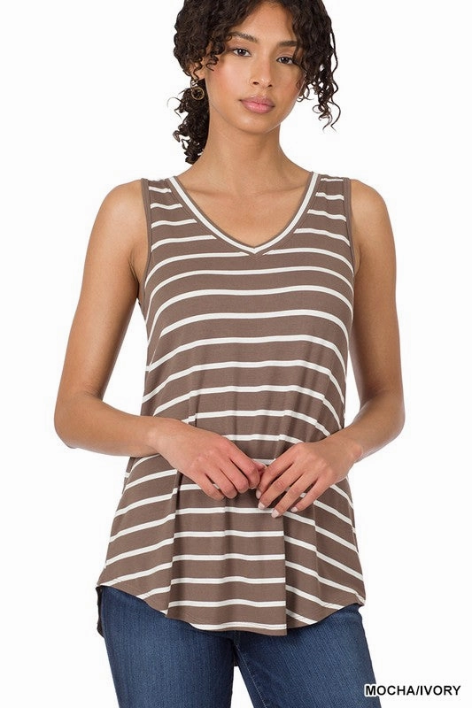 Stefani Stripe Sleeveless V-neck Top S-3XL MultiFunctionalPockets
