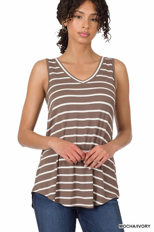 VentilatedMeshPaneling NonRestrictive Fit Stefani Stripe Sleeveless V-neck Top S-3XL