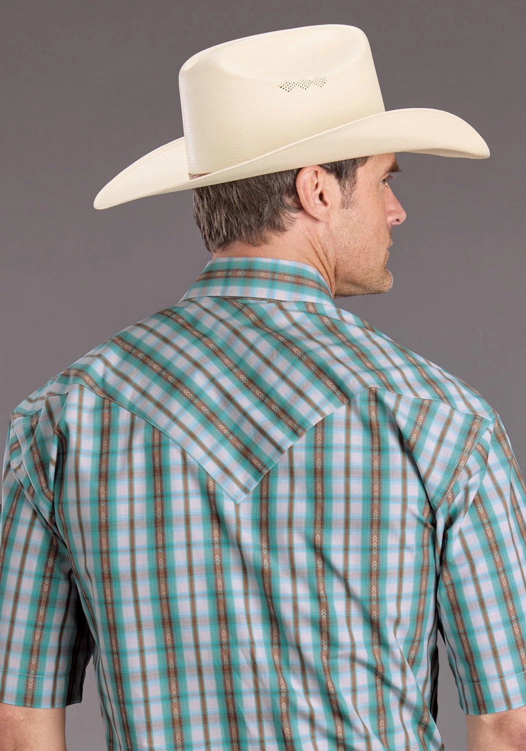 Youthful Style Stetson Mens 2397 Vintage Plaid Turquoise 100% Cotton S/S Shirt