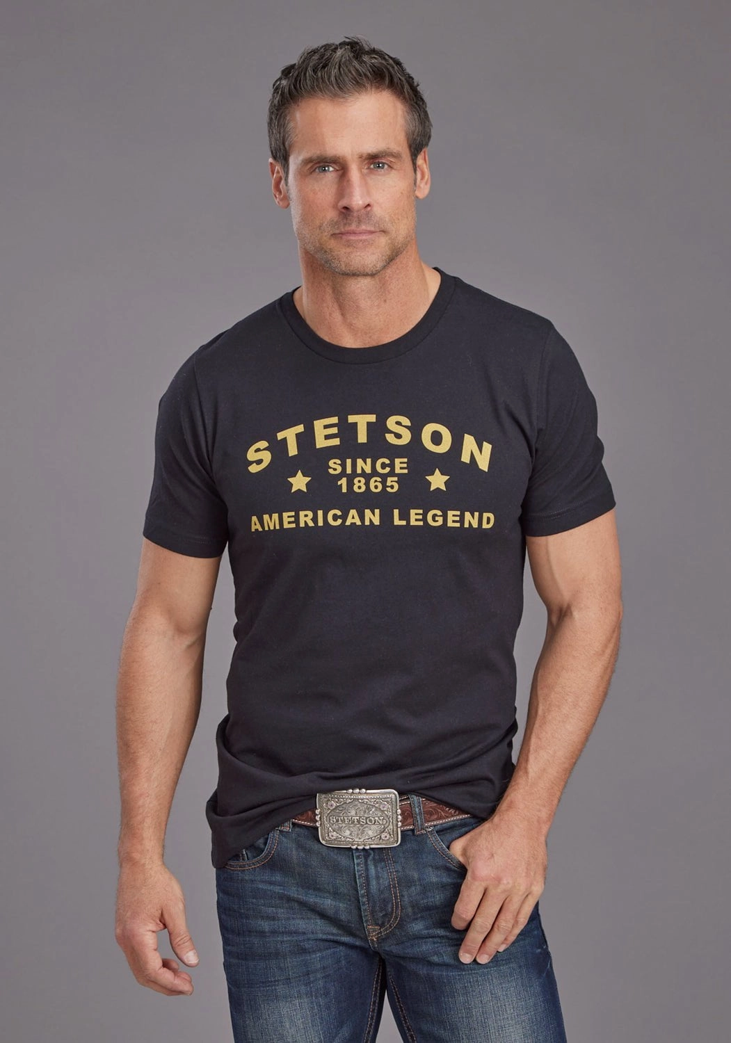 Stetson Mens American Legend Black 100% Cotton S/S T-Shirt Hypoallergenic Textile