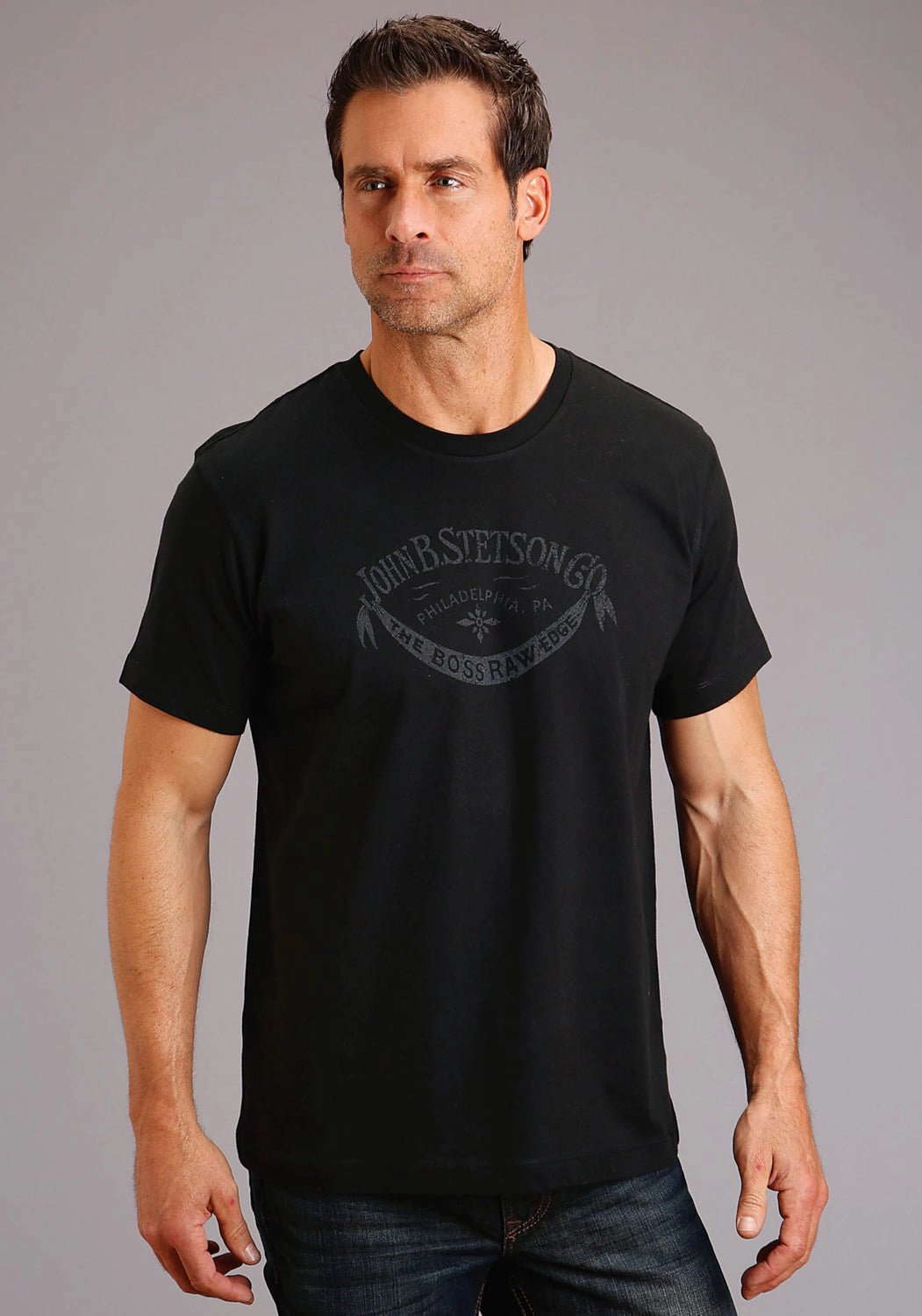 Sheer Panel Stetson Mens Black 100% Cotton The Boss S/S Raw Edge T-Shirt