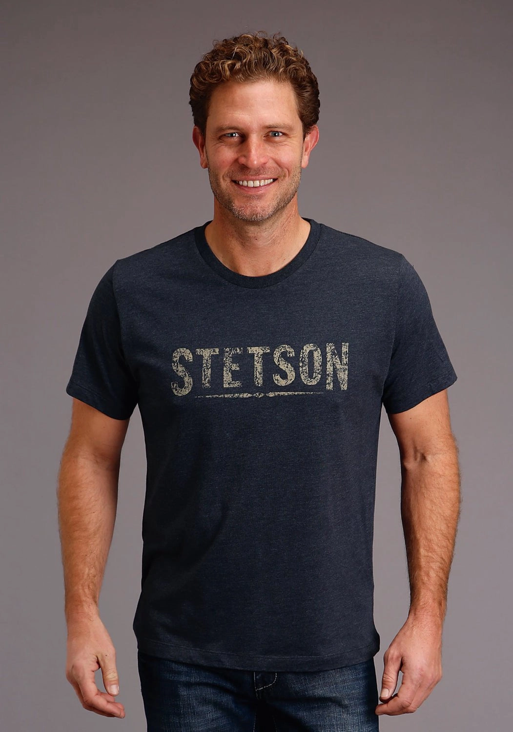 Matte Look No Slip Shoulder Grip Stetson Mens Blue Cotton Blend Distressed Logo S/S T-Shirt