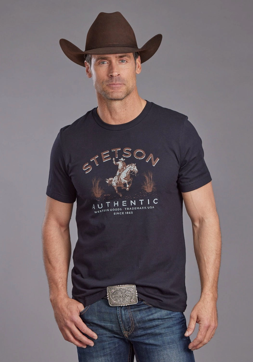 Cozy and Comfortable Stetson Mens Bronc Scenery Black 100% Cotton S/S T-Shirt