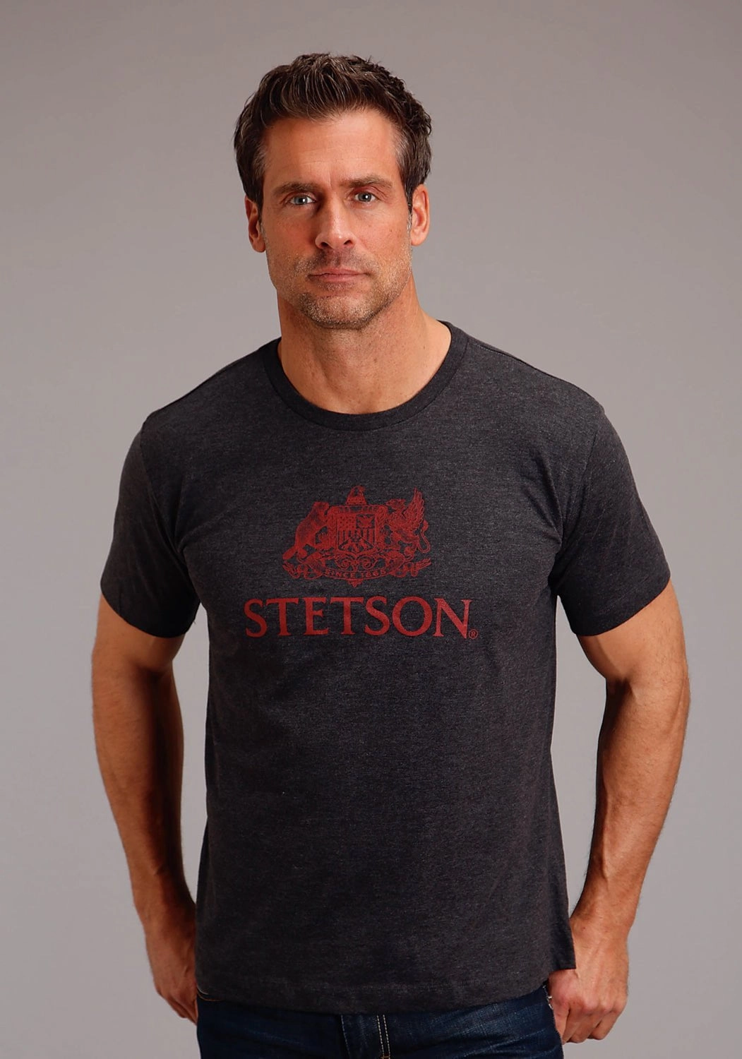 Stetson Mens Dark Grey Cotton Blend Crest Screenprint S/S T-Shirt Wedding guest