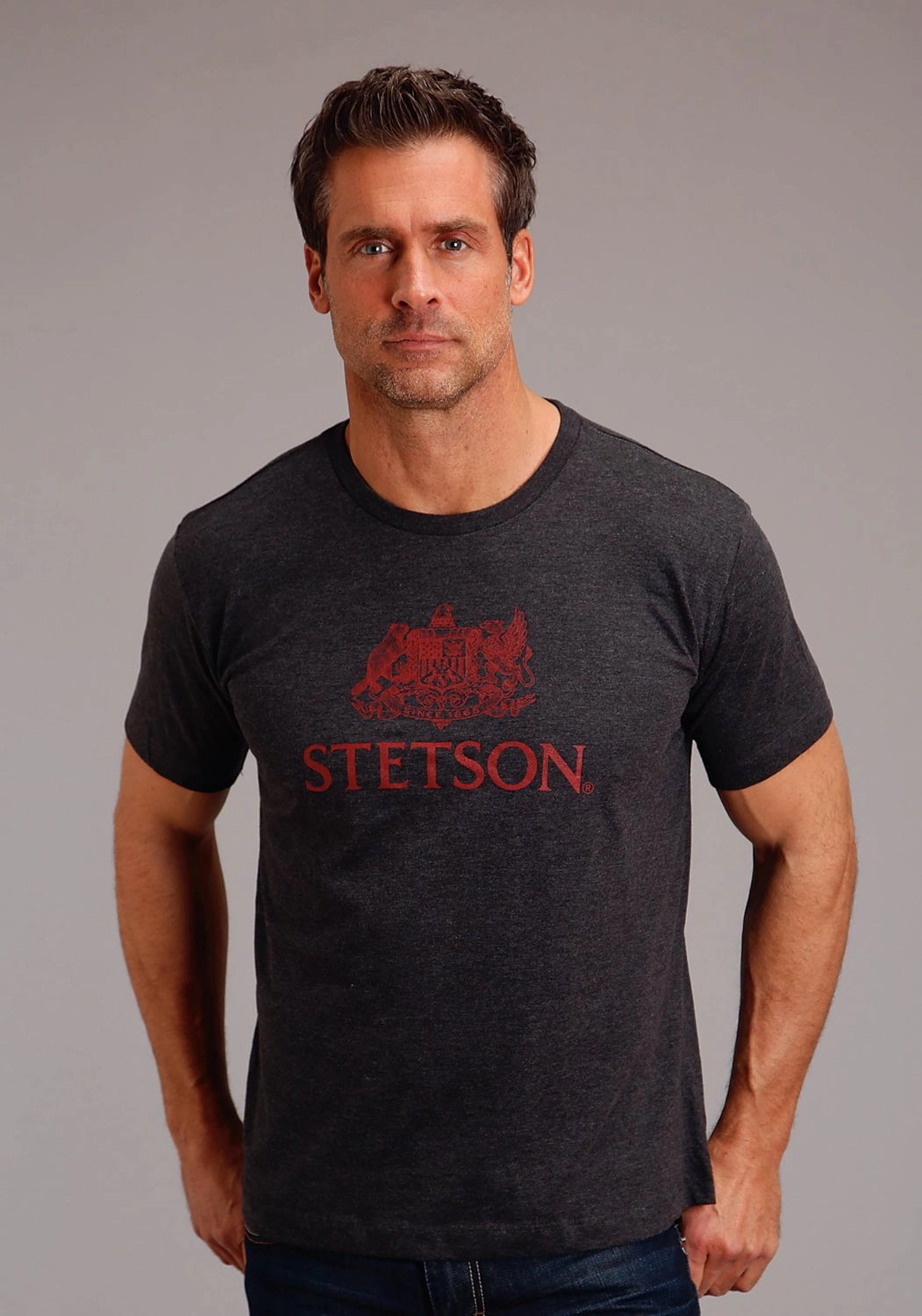 All-Weather Ready Stetson Mens Dark Grey Cotton Blend Crest Screenprint S/S T-Shirt