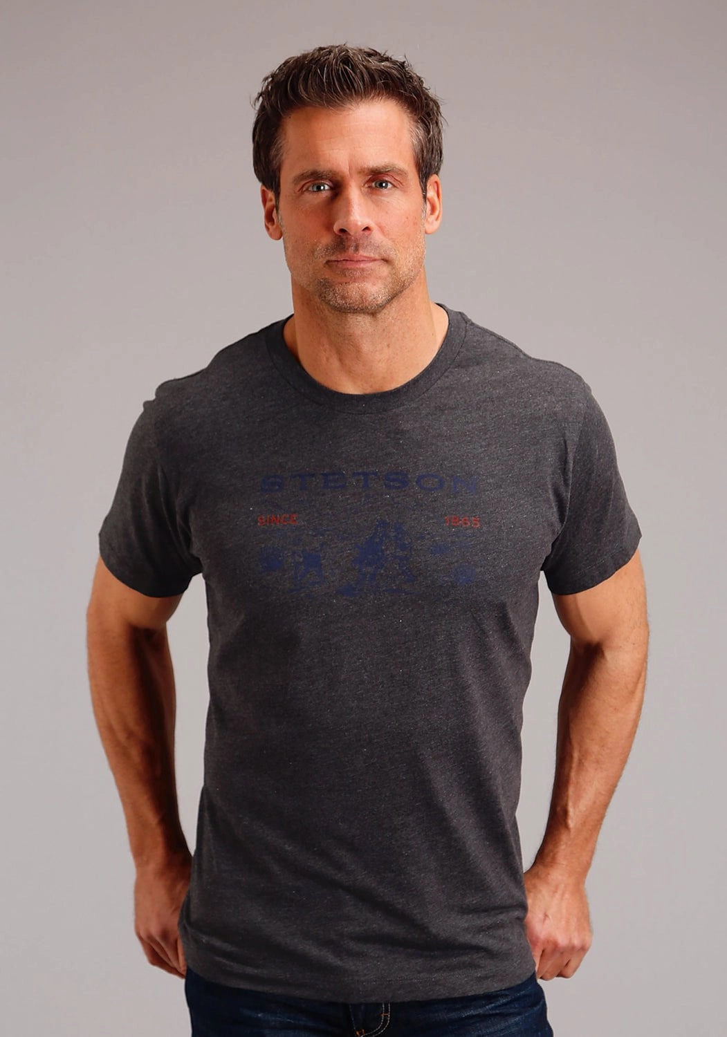 Pure Cotton Stetson Mens Dark Grey Cotton Blend Desert Scene S/S T-Shirt