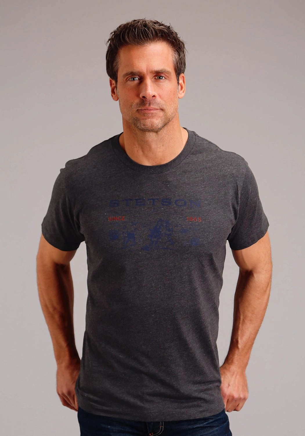 Luxurious Feel Stetson Mens Dark Grey Cotton Blend Desert Scene S/S T-Shirt