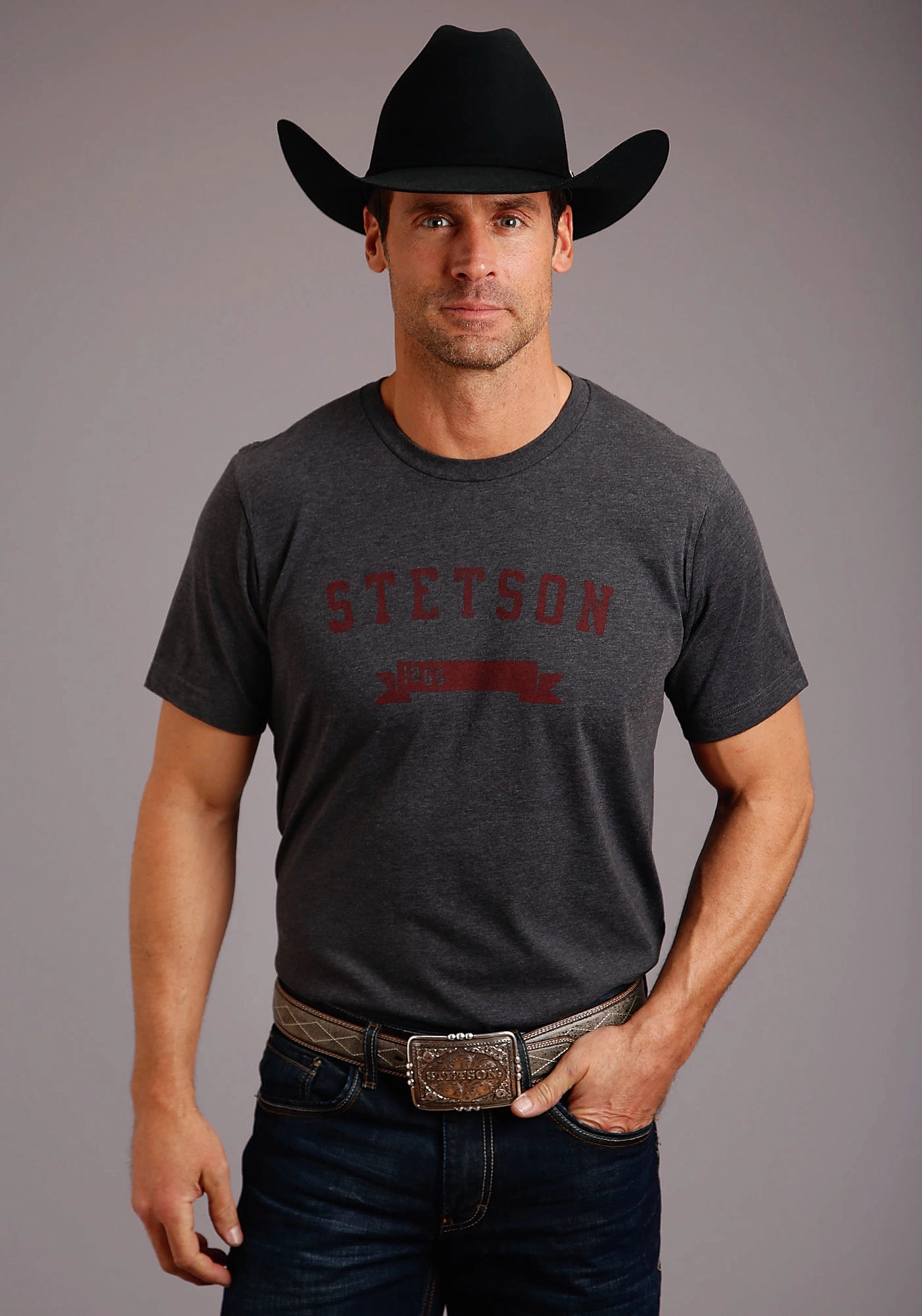 Tailored Silhouette Chambray Fabric Stetson Mens Grey Cotton Blend 1865 Logo S/S T-Shirt