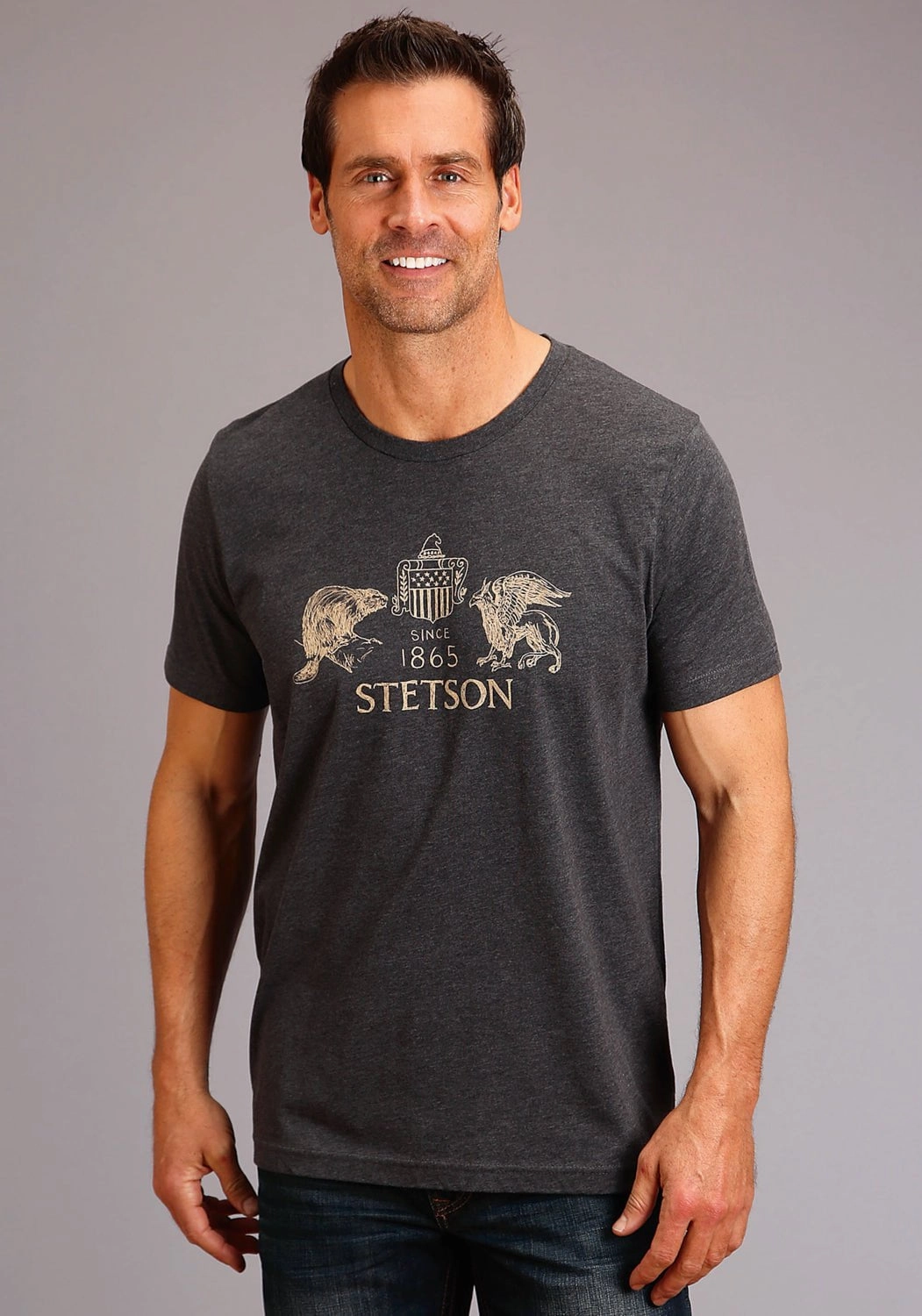 Stetson Mens Heather Grey Cotton Blend Logo Sketch S/S T-Shirt Chic Look Breathable mesh