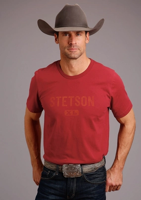 Stetson Mens Red 100% Cotton Xl Logo S/S T-Shirt Regular Fit