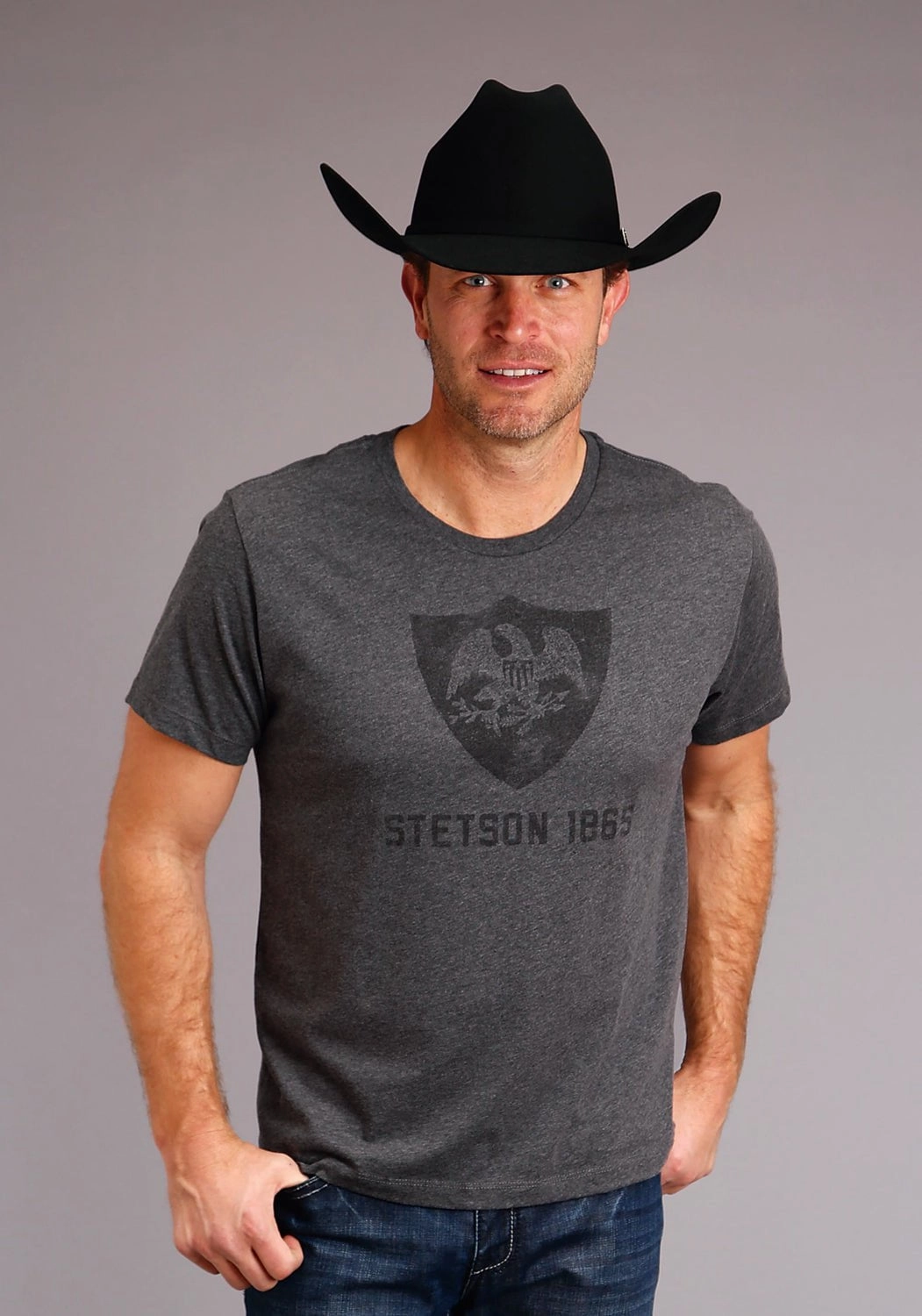Festival Outfit Stetson Unisex Grey Cotton Blend Eagle Crest S/S T-Shirt