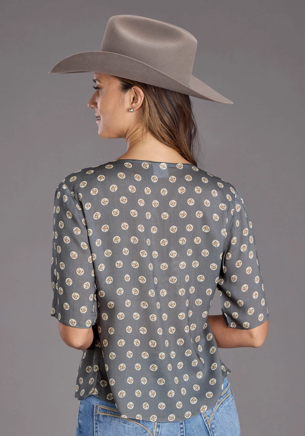 stain resistant coating Stetson Womens 2440 Horse Pennies Grey 100% Rayon S/S Blouse