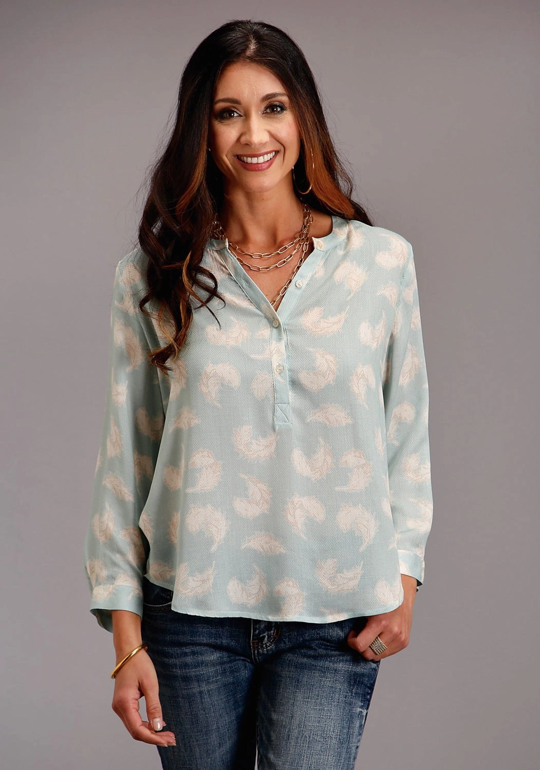 Stetson Womens Aqua Rayon/Nylon Feathers S/S Blouse Weekend Vibes