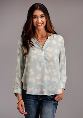 Durable Texture Reinforced Elasticity Stetson Womens Aqua Rayon/Nylon Feathers S/S Blouse