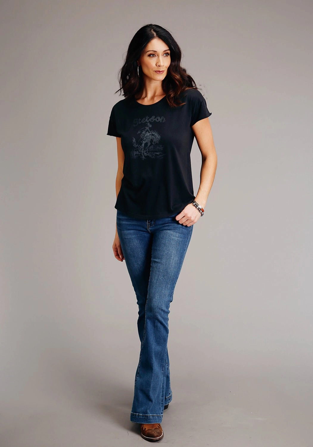 Stetson Womens Black 100% Cotton Bronc Rider S/S T-Shirt Durable Buttons Lightweight Layers