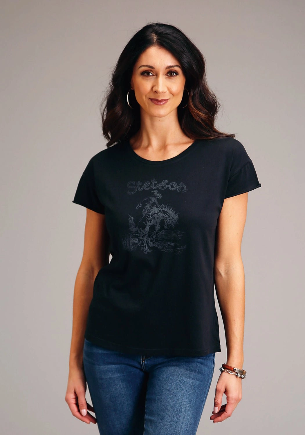 Anniversary Celebration High Neck Stetson Womens Black 100% Cotton Bronc Rider S/S T-Shirt